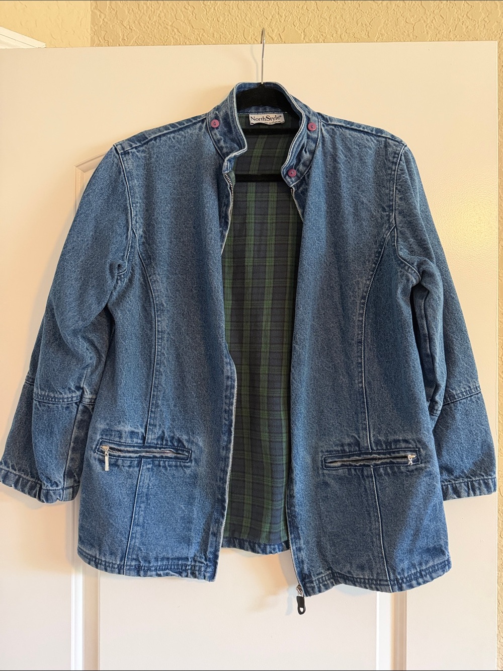 NorthStyle Men's Blue Denim Jacket with Green Plaid Lining